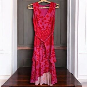 Sam Edelman Sz XS Dress Botanical Tiered Pink Coral Ruffle Midi Wedding Party EC
